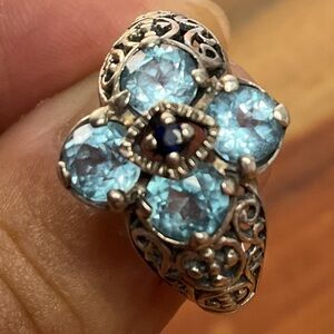 Blue topaz and sapphire filigree silver flower ring